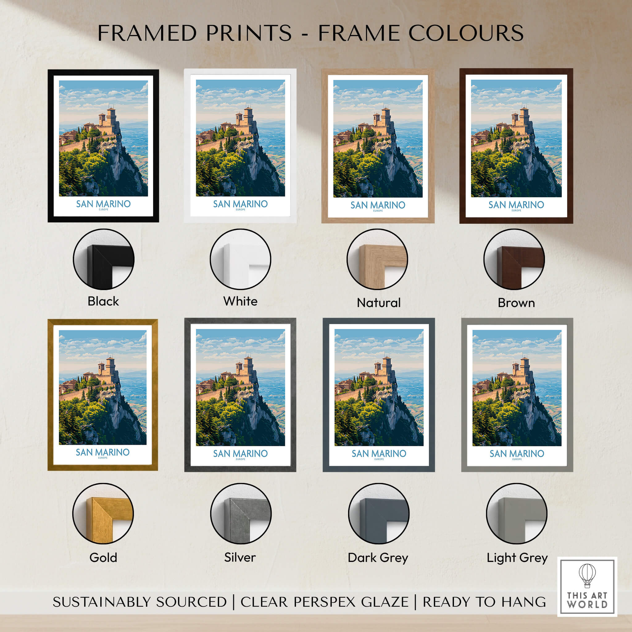 San Marino Poster | Canvas Print framed in various colors including black, white, natural, brown, gold, silver, dark grey, and light grey.