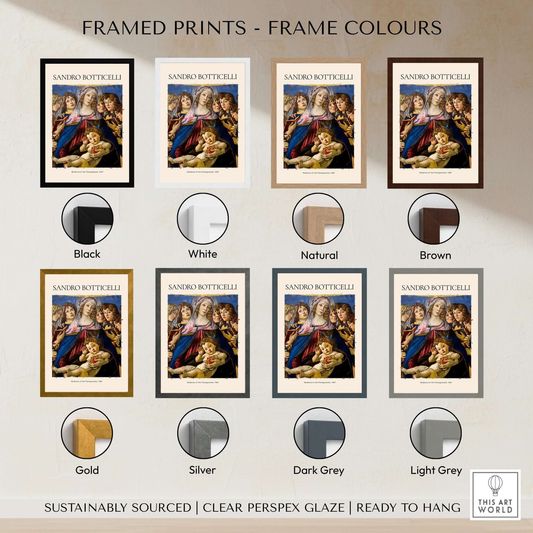 Framed options for Botticelli Madonna of the Pomegranate Art Print Religious Virgin Mary Child Poster Angels.
