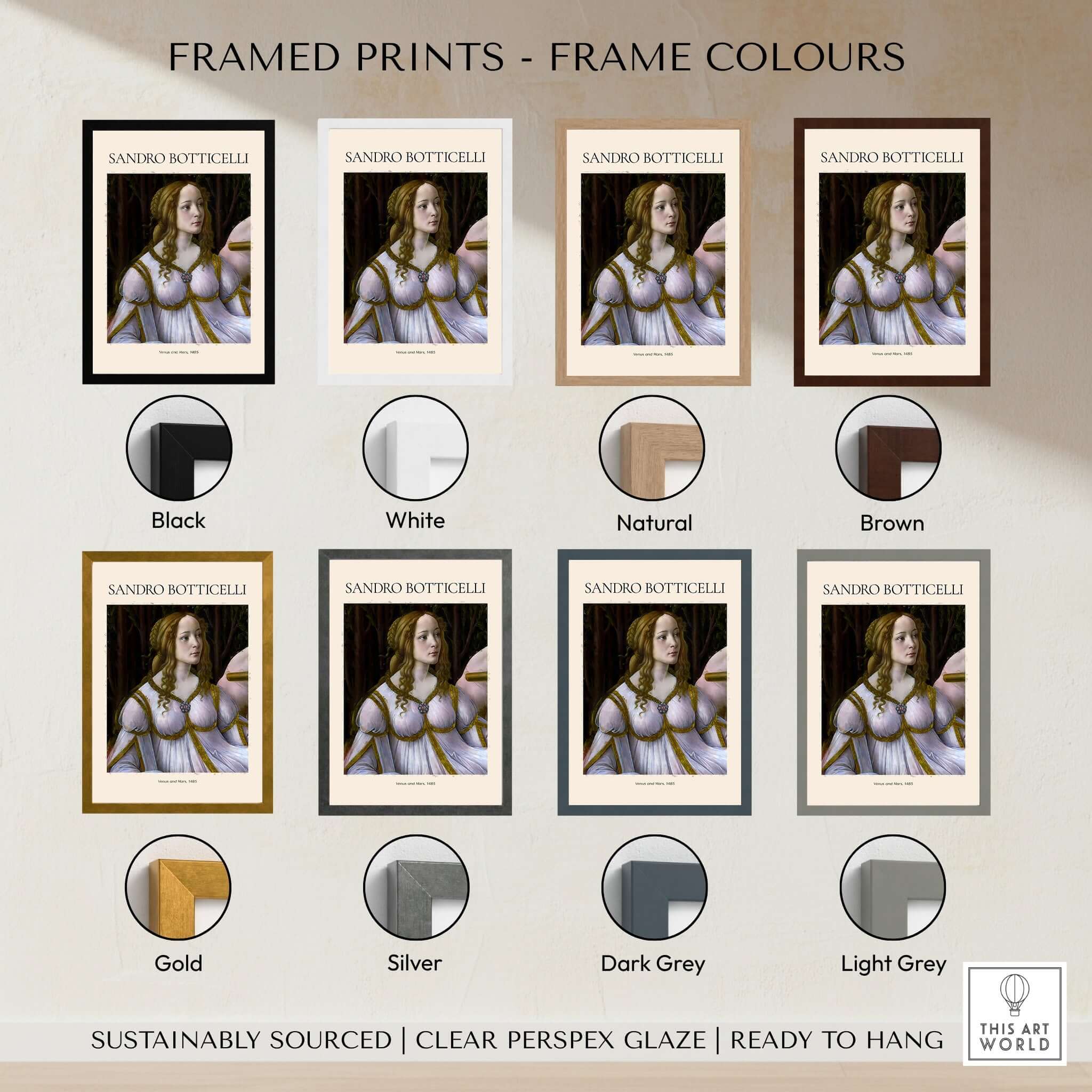 Framed prints in various frame colors including black, white, natural, brown, gold, silver, dark grey, and light grey.