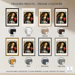 Framed prints color options for Botticelli art, including black, white, natural, brown, gold, silver, dark grey, and light grey.