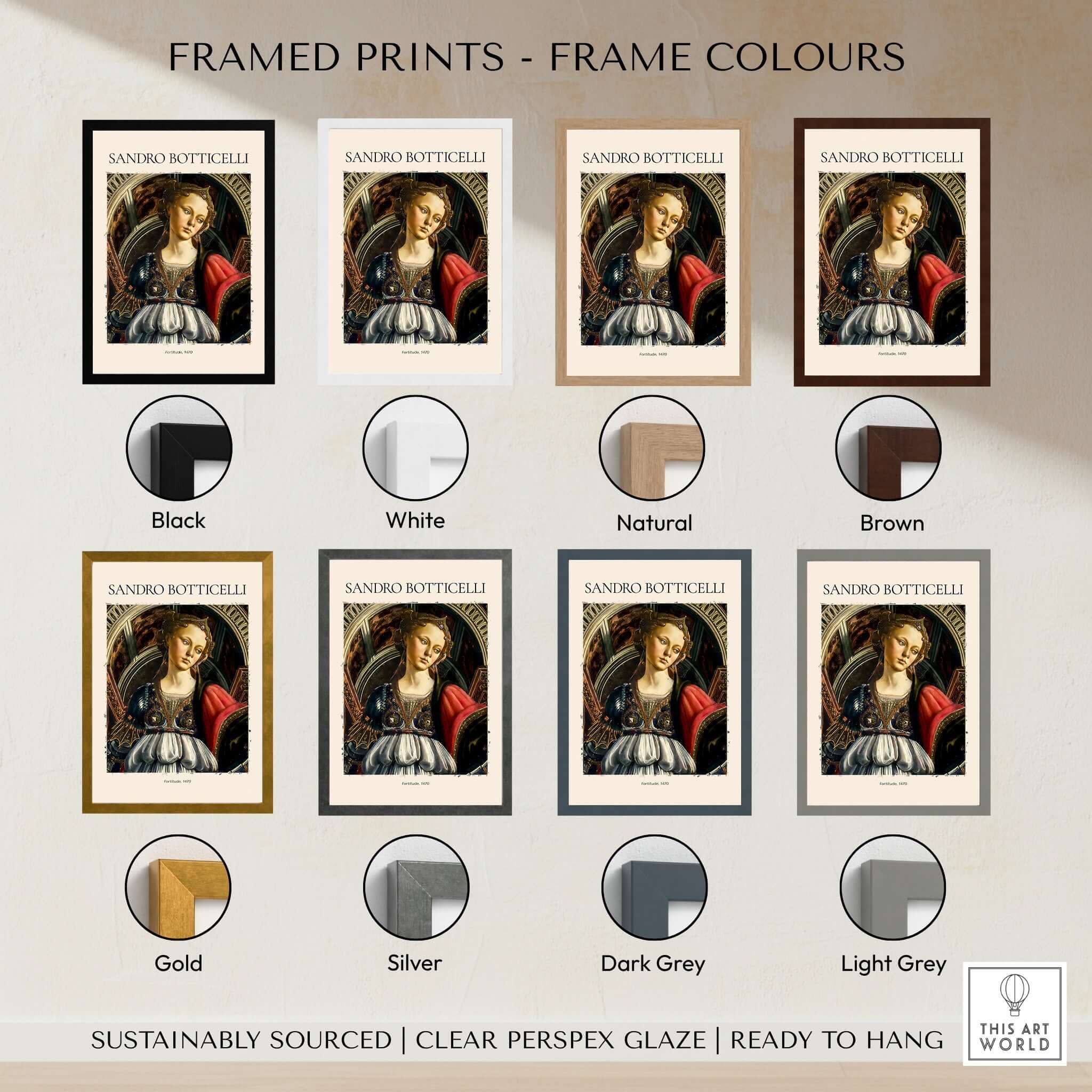 Framed prints color options for Botticelli art, including black, white, natural, brown, gold, silver, dark grey, and light grey.