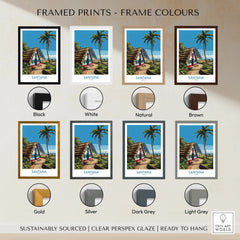 Framed travel print of a tropical hut with palm trees, shown in 7 frame color options.