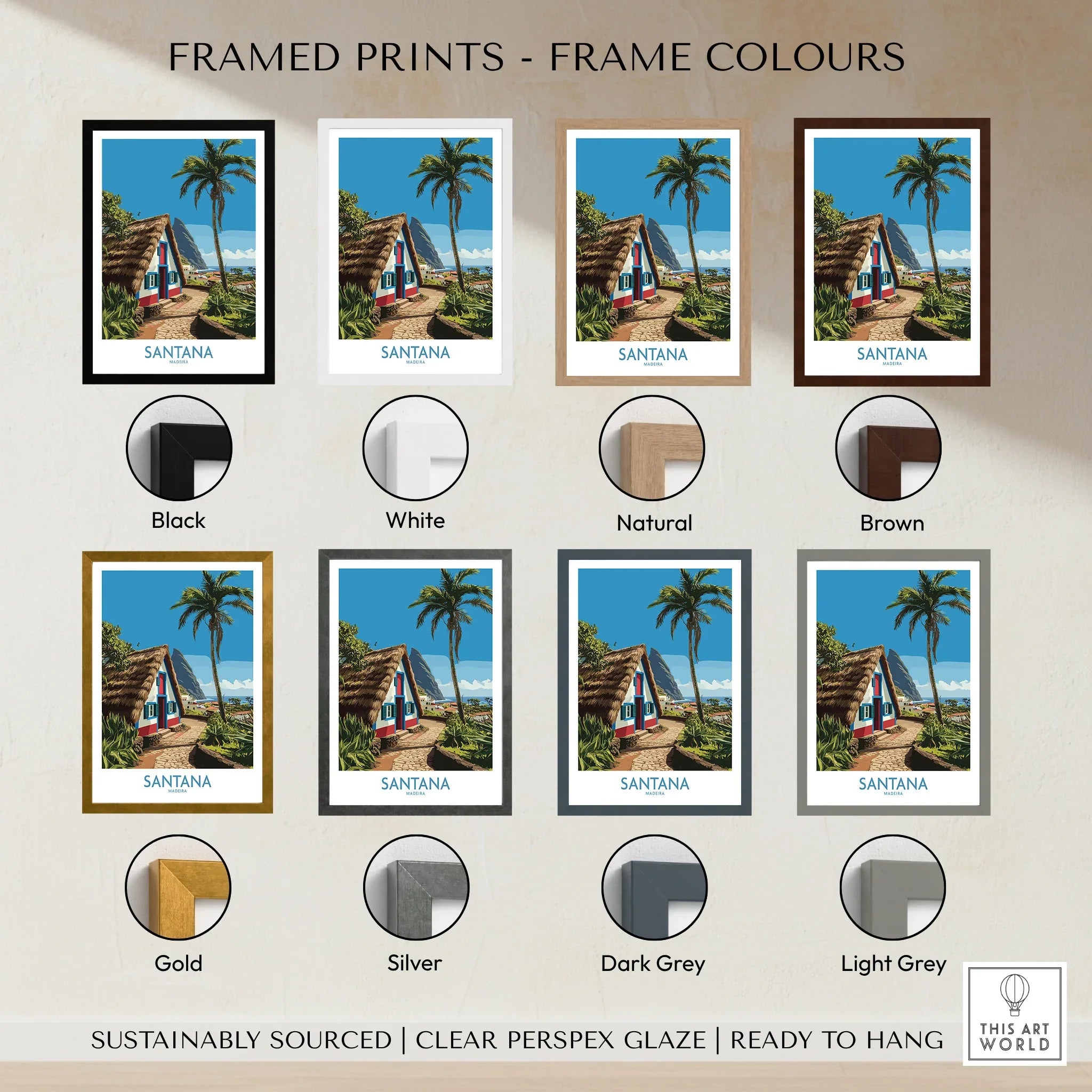 Framed travel print of a tropical hut with palm trees, shown in 7 frame color options.