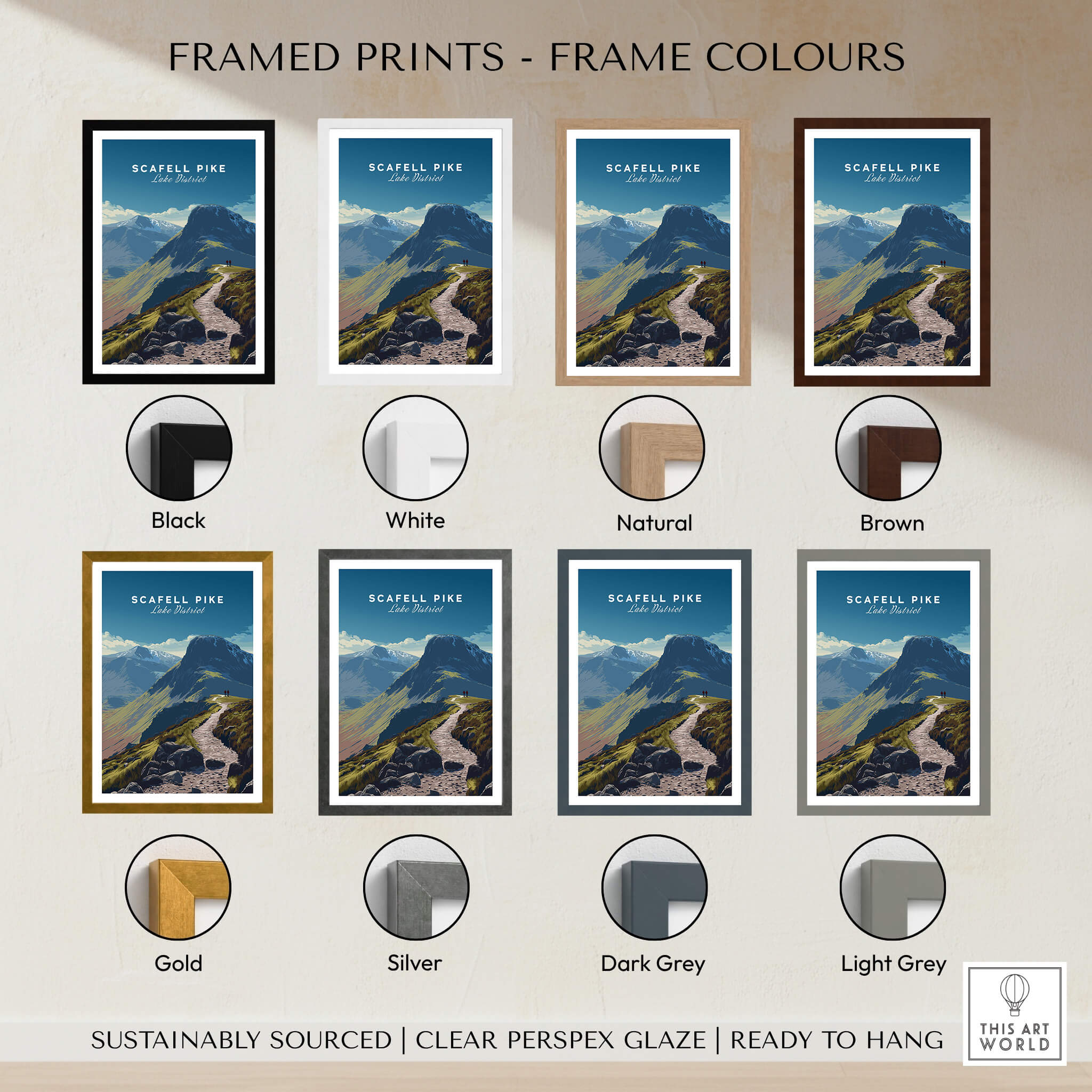 Scafell Pike Lake District Wall Art Print | English Mountain Peak Travel Poster framed options in various colors.