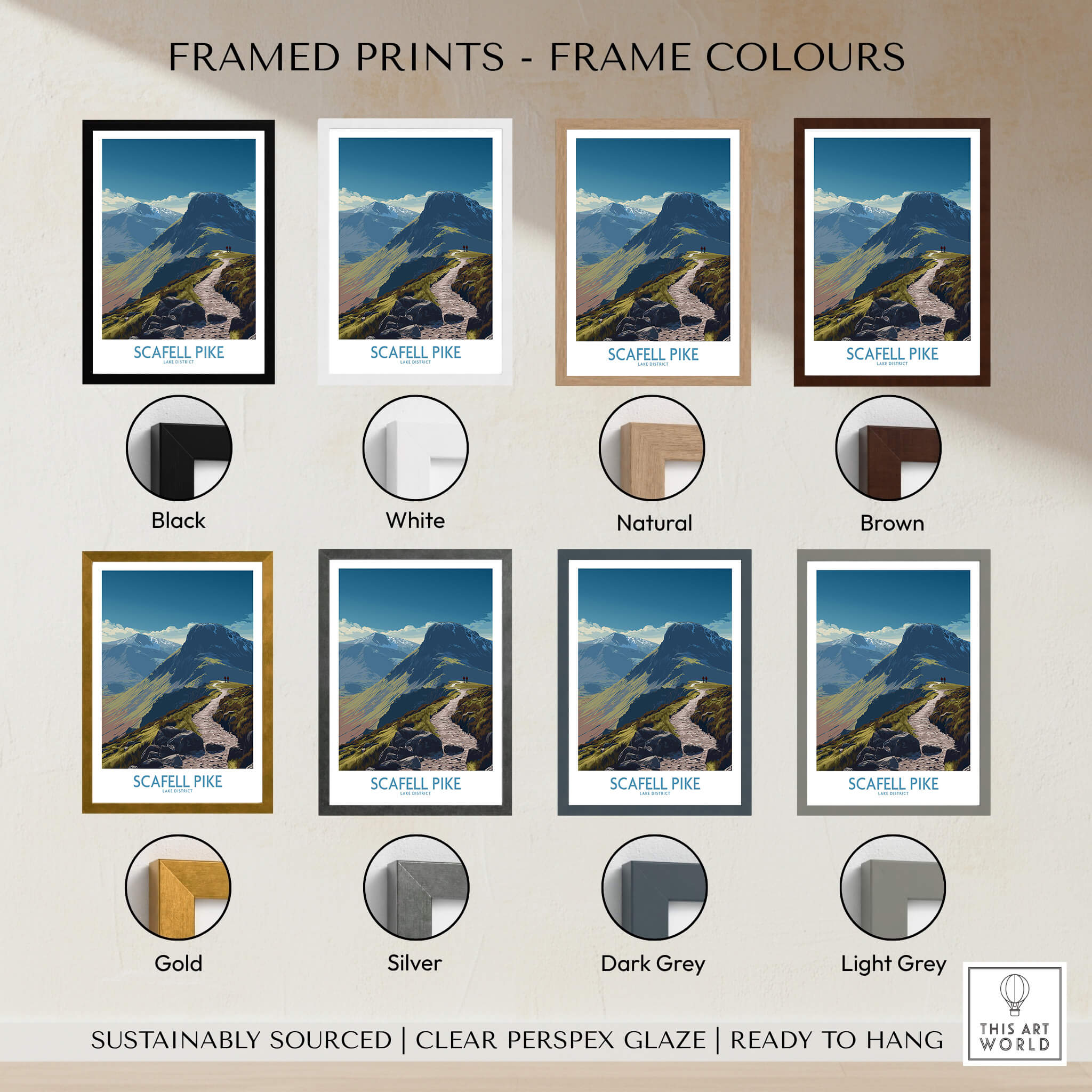 Scafell Pike Lake District Poster | Hiking Trail Landscape Canvas Print framed in various colors.