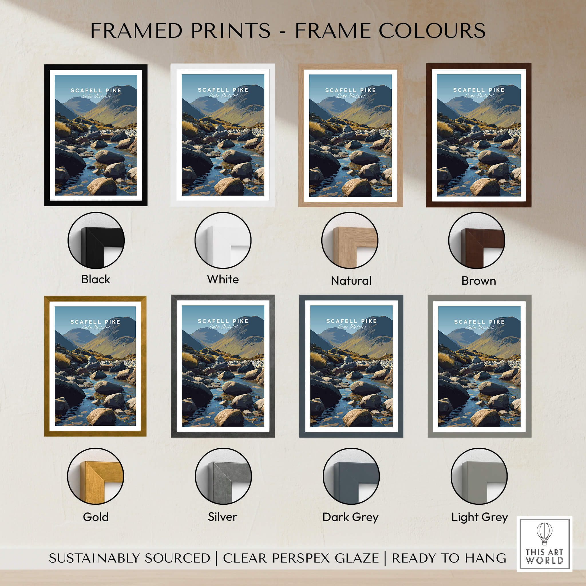 Scafell Pike Poster Lake District Wall Art Print framed in various colors including black, white, natural, and brown.