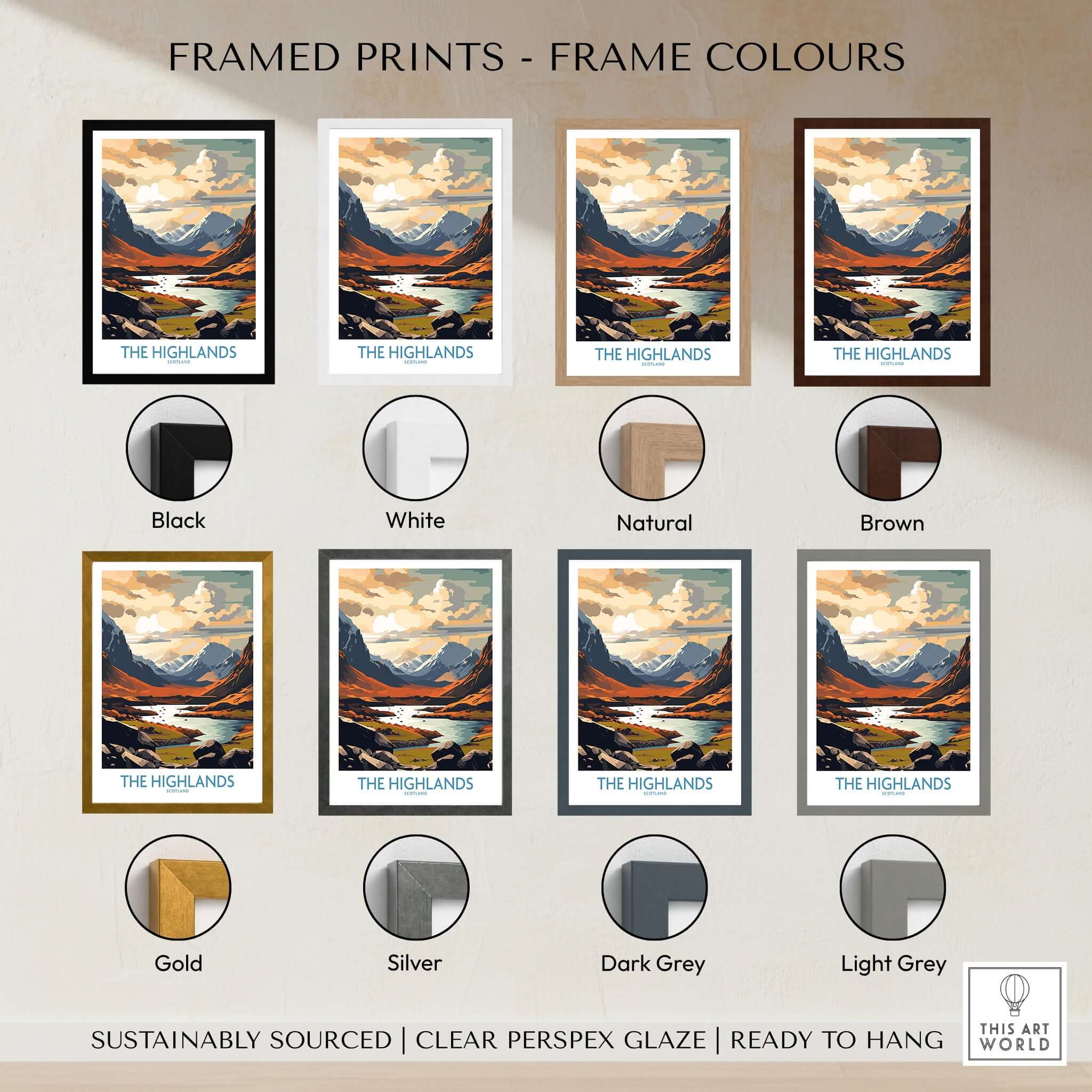 Framed prints of The Highlands Wall Art | Modern Style in various frame colors including Black, White, Natural, and Brown.