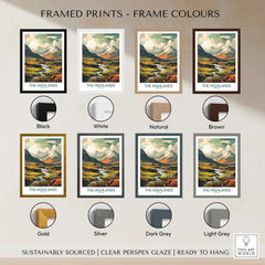 Scottish Highlands Art Print | Modern Style framed print options in various colors including black, white, natural, and brown.