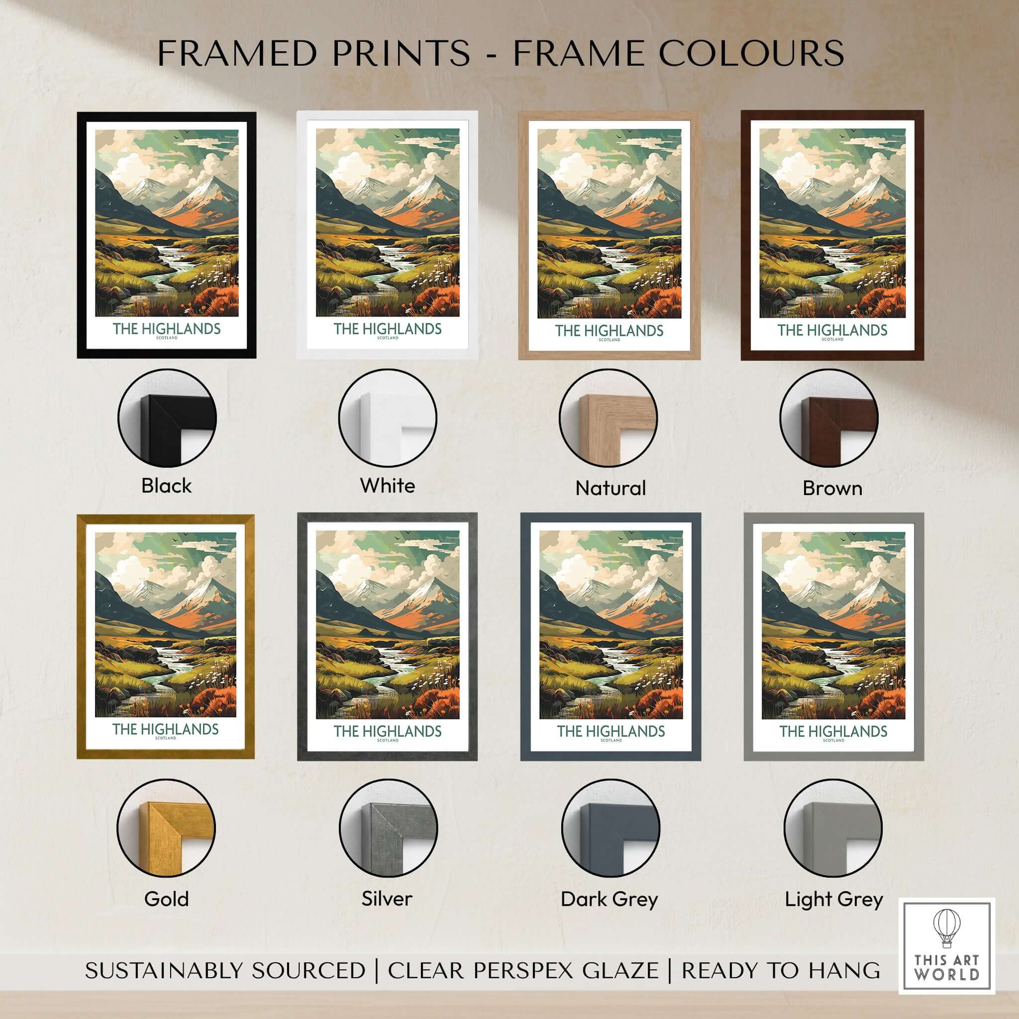 Scottish Highlands Art Print | Modern Style framed print options in various colors including black, white, natural, and brown.