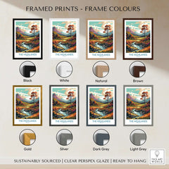 The Highlands Scotland Art Print showcasing various frame color options including black, white, natural, and brown.