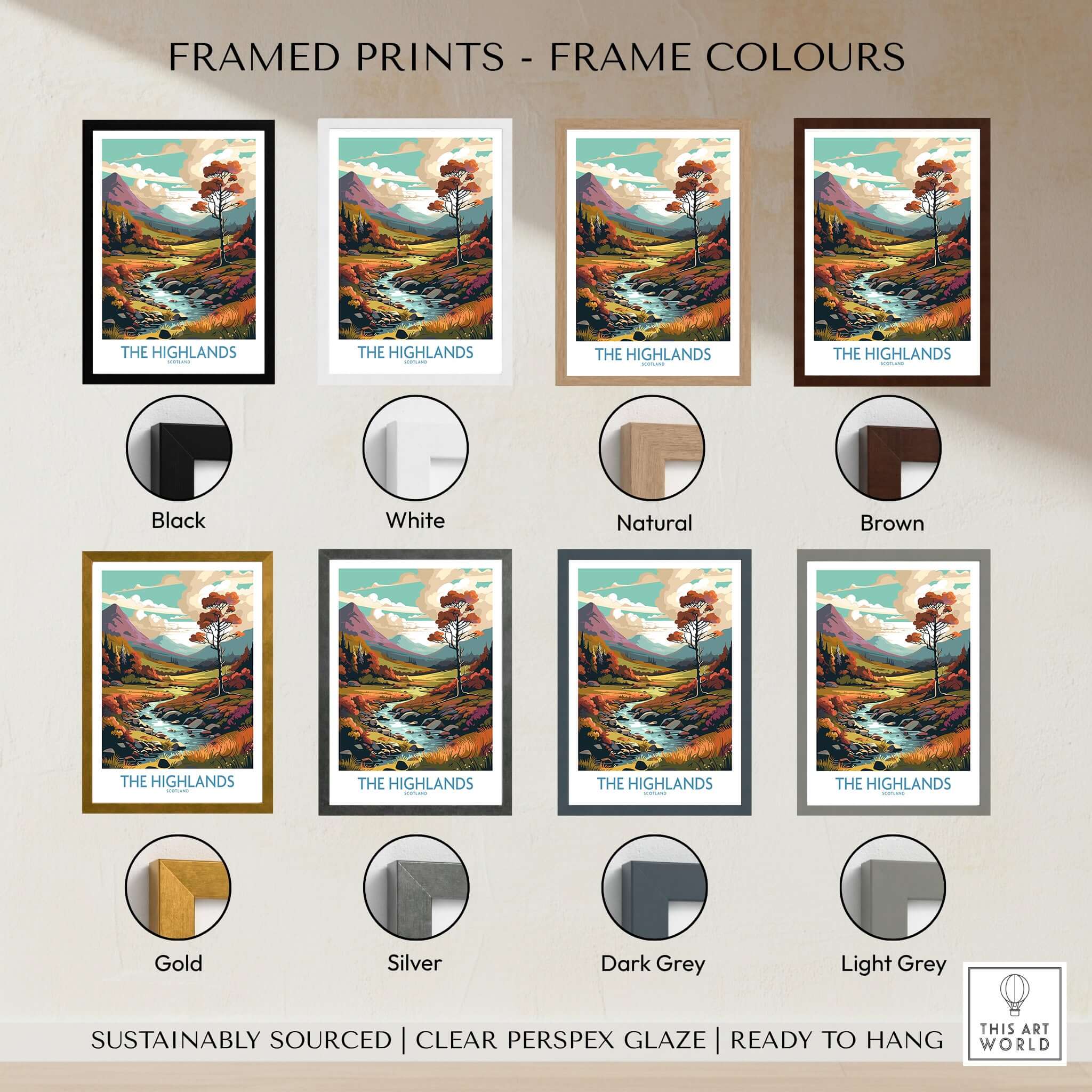 The Highlands Scotland Art Print showcasing various frame color options including black, white, natural, and brown.