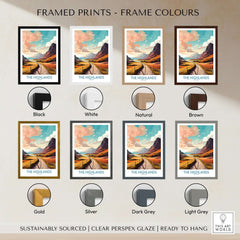 The Highlands Scotland Wall Art framed prints in various colors including black, white, natural, brown, gold, silver, dark grey, light grey.