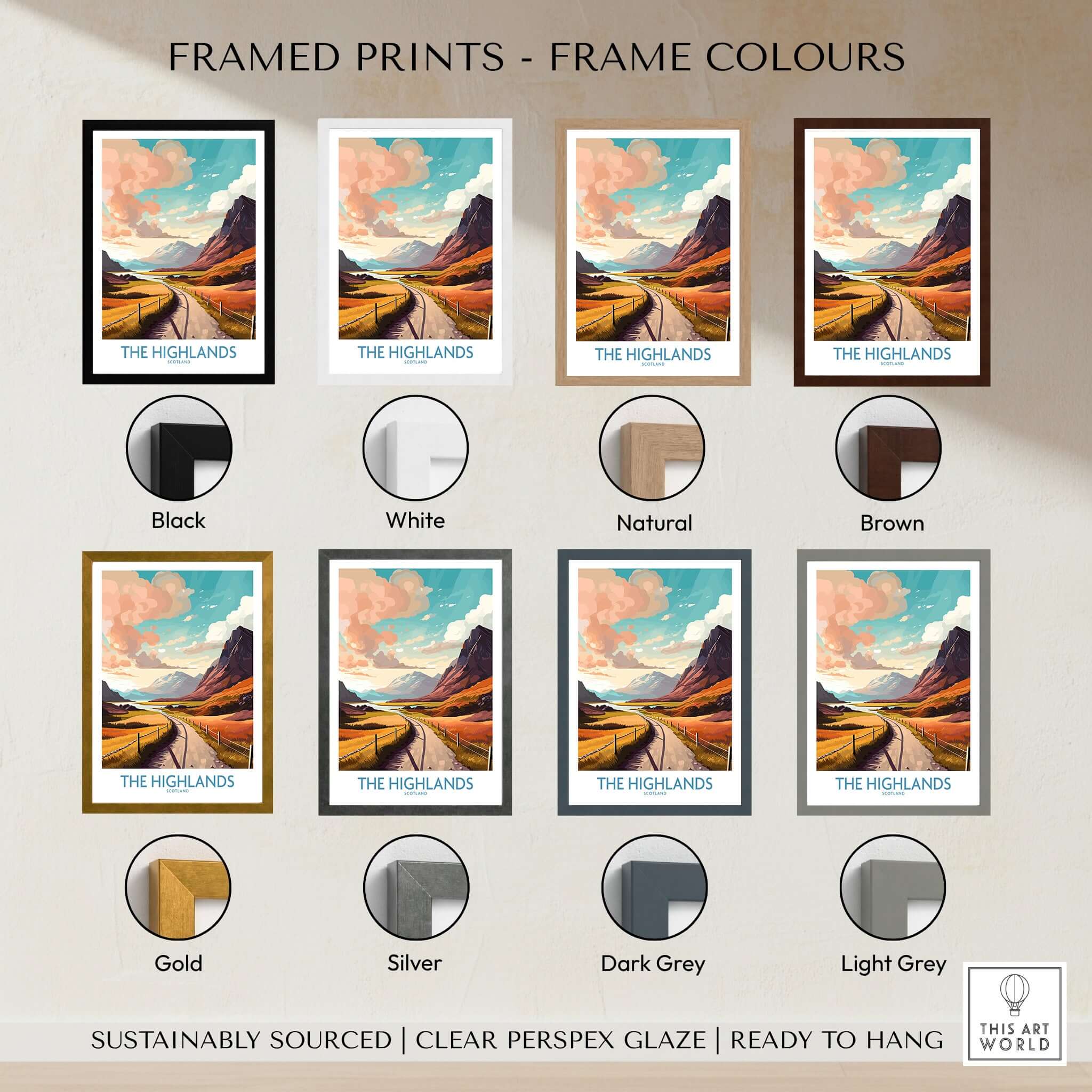 The Highlands Scotland Wall Art framed prints in various colors including black, white, natural, brown, gold, silver, dark grey, light grey.