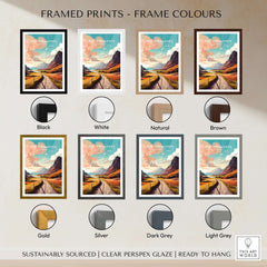 Framed Scottish Highlands Art Prints in various frame colors including black, white, natural, brown, gold, and silver.