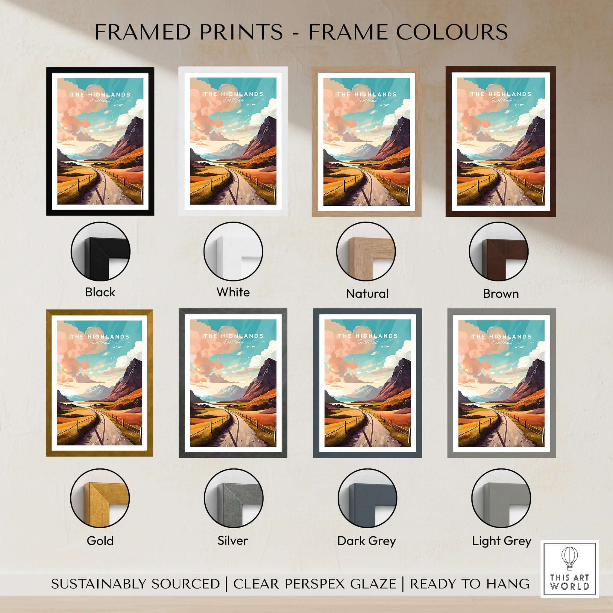 Framed Scottish Highlands Art Prints in various frame colors including black, white, natural, brown, gold, and silver.