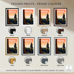 Sequoia National Park art print with eight frame color options, including black, white, natural, brown, gold, silver, dark grey, and light grey.