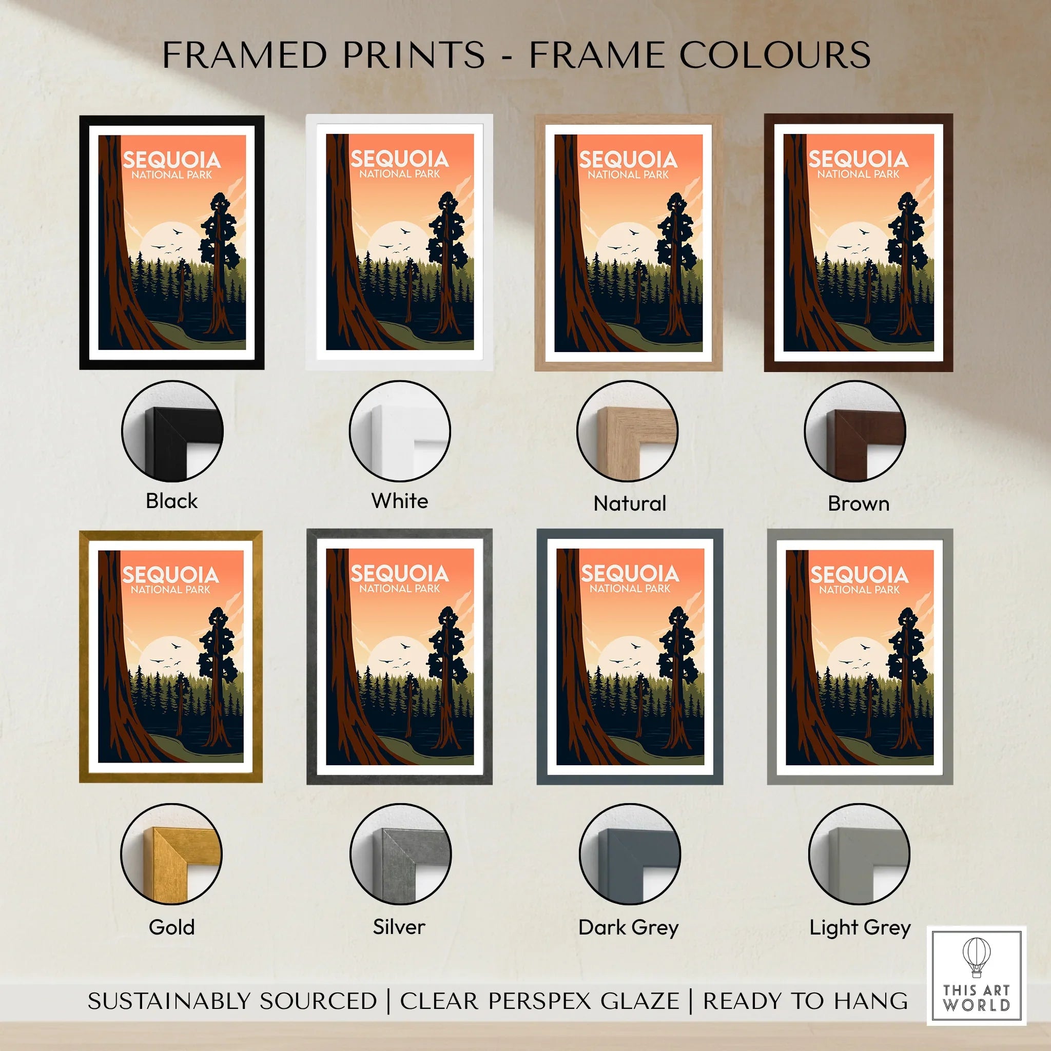 Sequoia National Park art print with eight frame color options, including black, white, natural, brown, gold, silver, dark grey, and light grey.