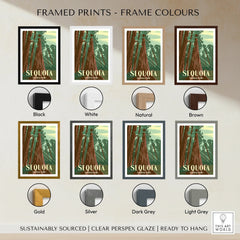 Sequoia National Park travel poster print displayed in eight different frame color options.