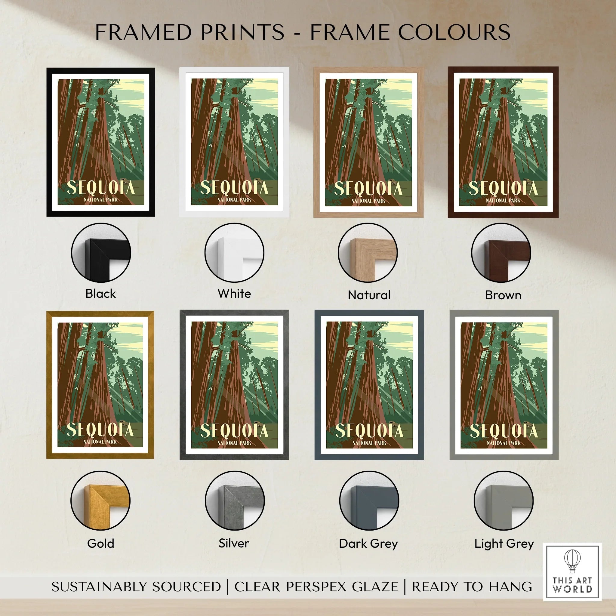 Sequoia National Park travel poster print displayed in eight different frame color options.