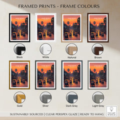 Framed prints showcasing Siem Reap Wall Art Print | Cambodia Sunset Street Scene Travel Poster in various frame colors.