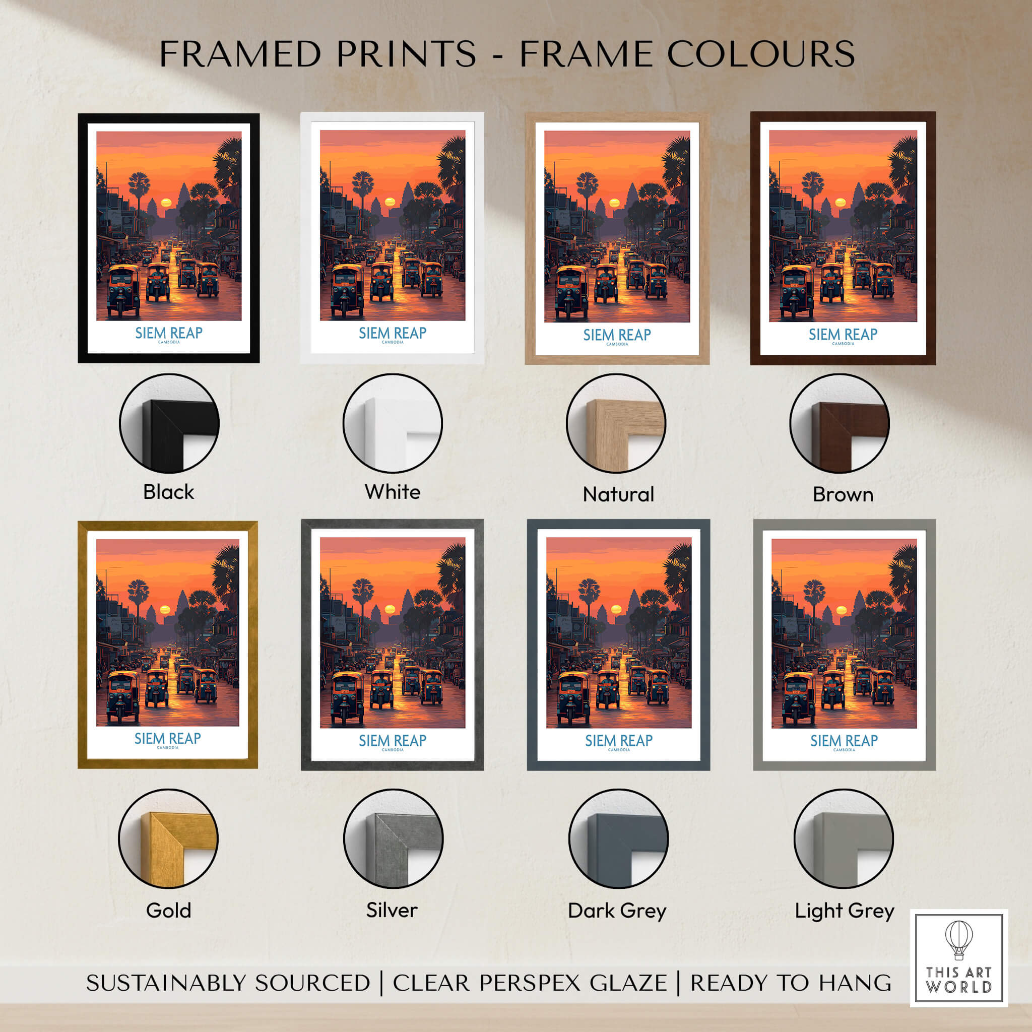 Siem Reap Poster | Bustling Tuk Tuk Cambodia Cityscape Canvas Print framed in various frame colors including black, white, gold and more.