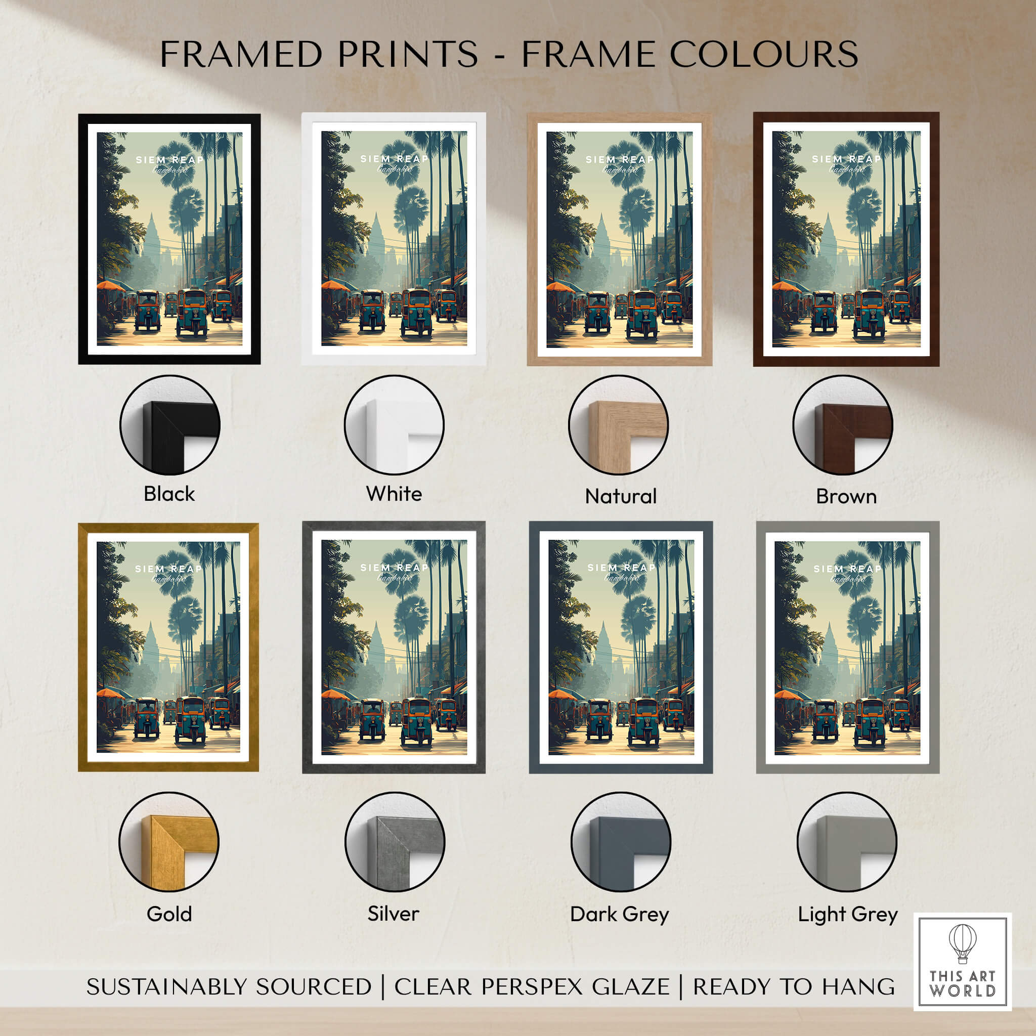 Siem Reap Cambodia Travel Poster | Tropical Town Street Wall Art Print with various frame colors options.