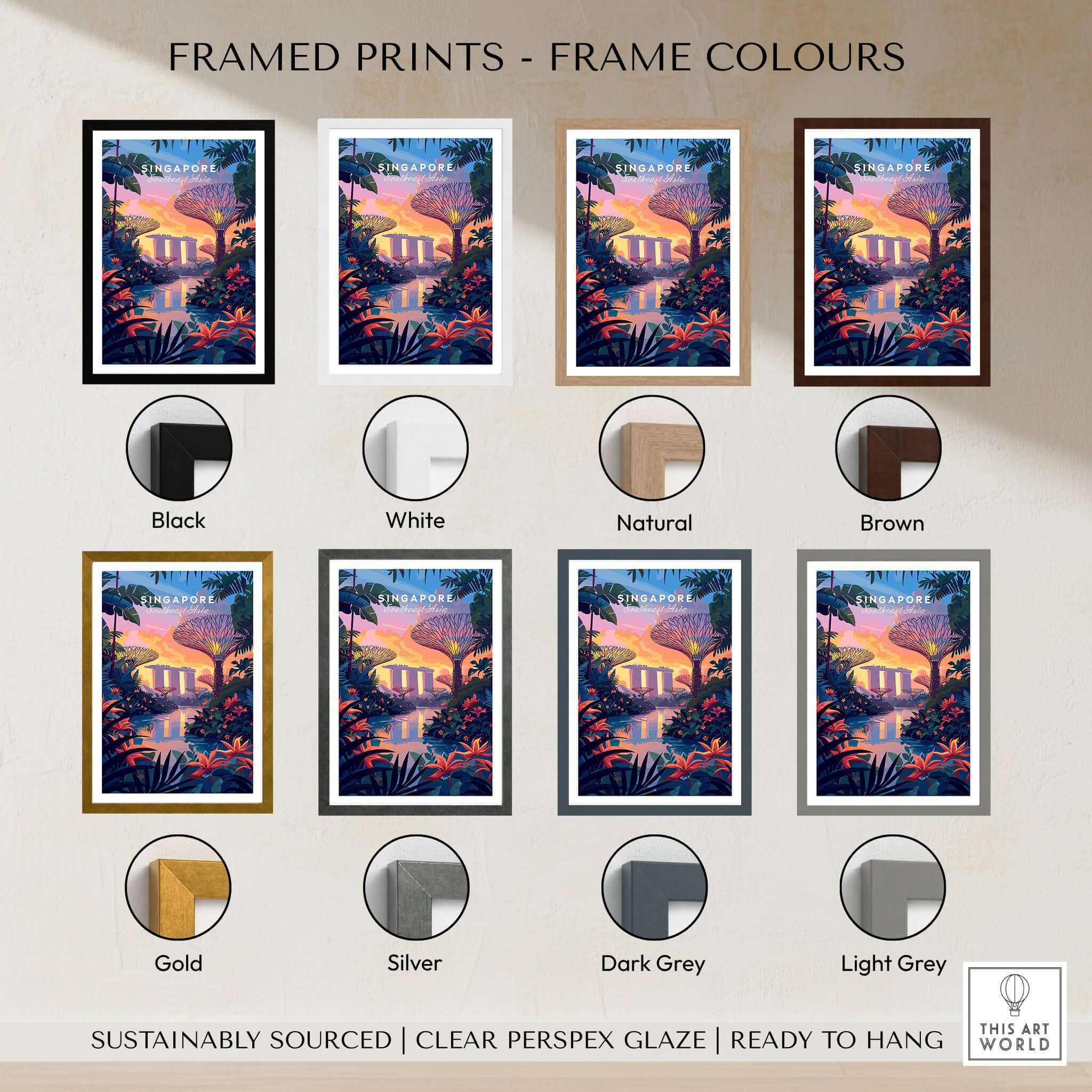 Singapore Poster framed prints colors options including black, white, natural, brown, gold, silver, and grey frames.