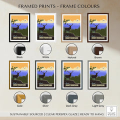 Framed Great Smoky Mountains National Park print in eight frame color options, featuring a silhouette elk and scenic mountain landscape design.