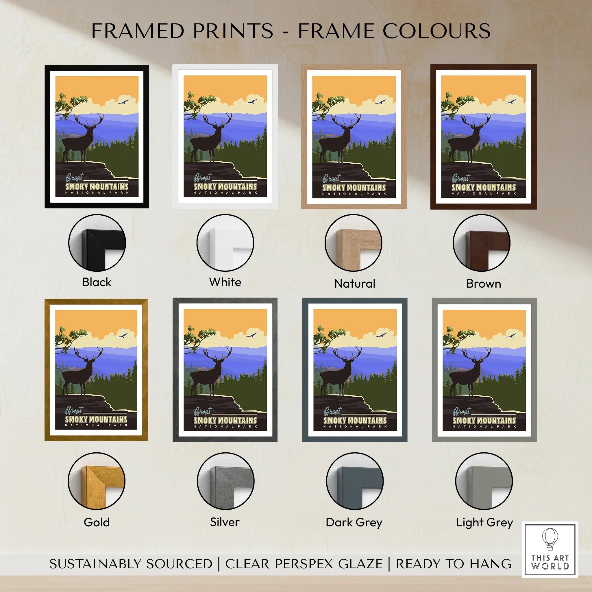 Framed Great Smoky Mountains National Park print in eight frame color options, featuring a silhouette elk and scenic mountain landscape design.