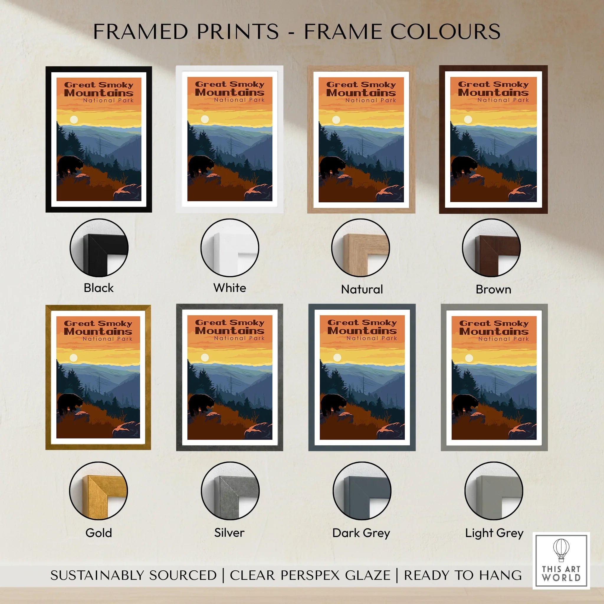 Great Smoky Mountains National Park travel poster in eight frame color options.