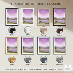 Snowdonia National Park travel poster print shown in eight frame color options, including black, white, natural, brown, gold, silver, dark grey, and light grey, with a scenic landscape illustration.