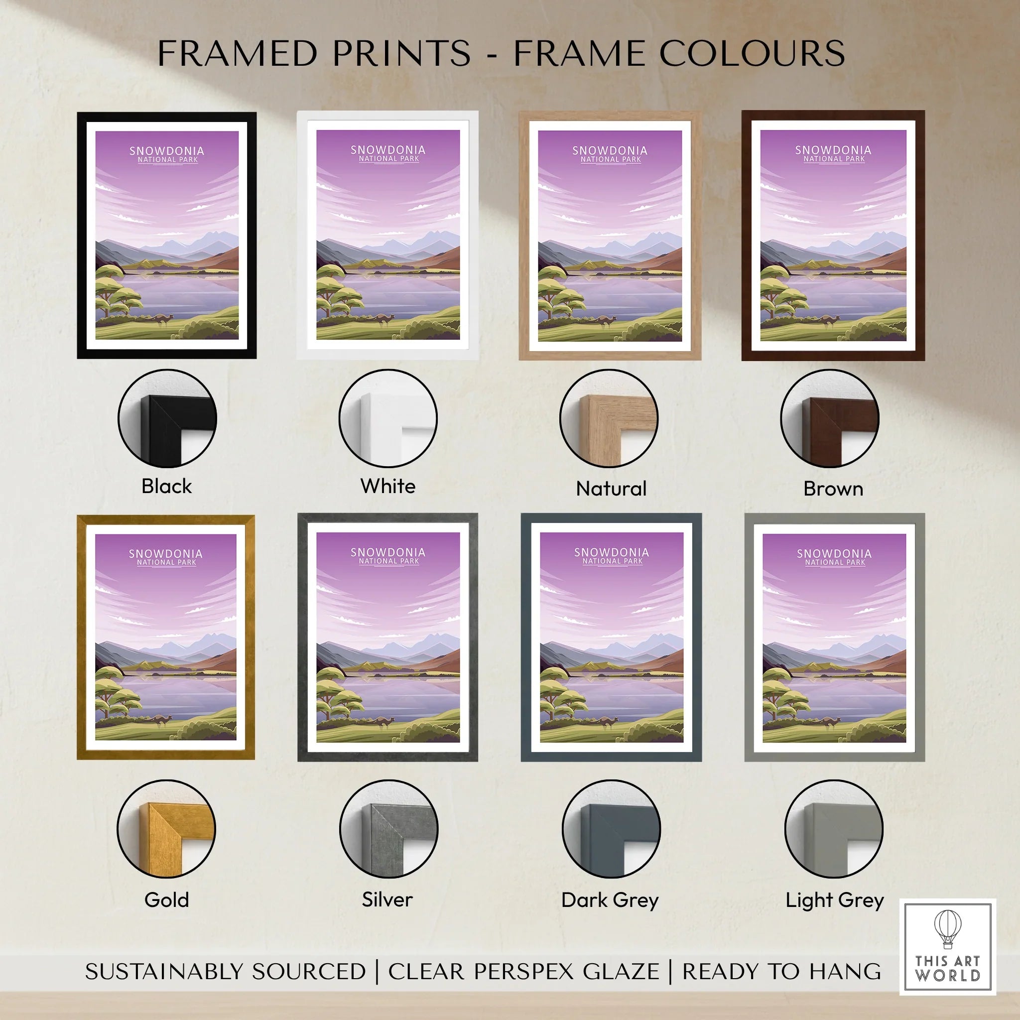 Snowdonia National Park travel poster print shown in eight frame color options, including black, white, natural, brown, gold, silver, dark grey, and light grey, with a scenic landscape illustration.