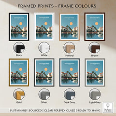 Sotogrande Spain Travel Poster | Luxury Marina & Boats Wall Art Print with various frame color options in a display.