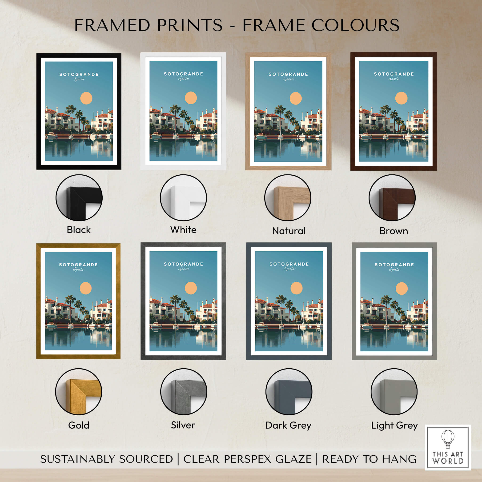Sotogrande Spain Travel Poster | Luxury Marina & Boats Wall Art Print with various frame color options in a display.