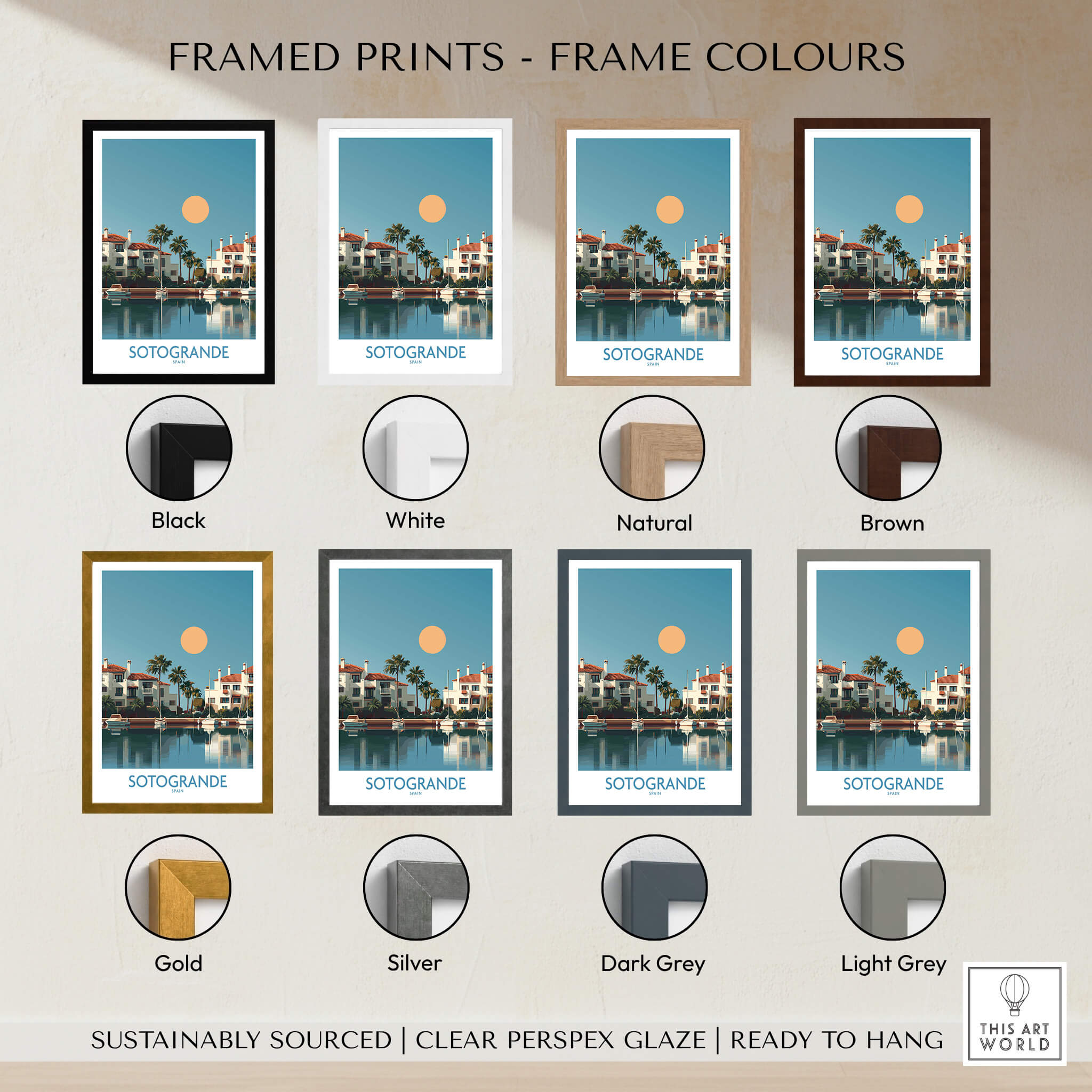 Sotogrande Spain Canvas Print | Mediterranean Waterfront Scenery Poster framed print options with various frame colors.