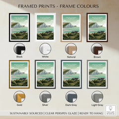 South Downs National Park print shown with eight frame color options: black, white, natural, brown, gold, silver, dark grey, light grey.