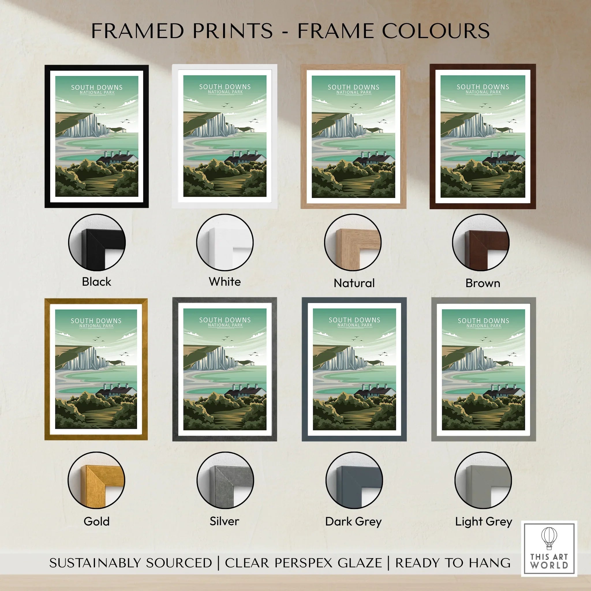 South Downs National Park print shown with eight frame color options: black, white, natural, brown, gold, silver, dark grey, light grey.
