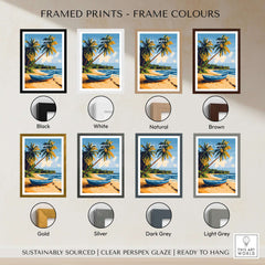 Framed prints of Sri Lanka Beach Scene Art - Tropical Island Print, Palm Tree Wall Decor in various frame colors.