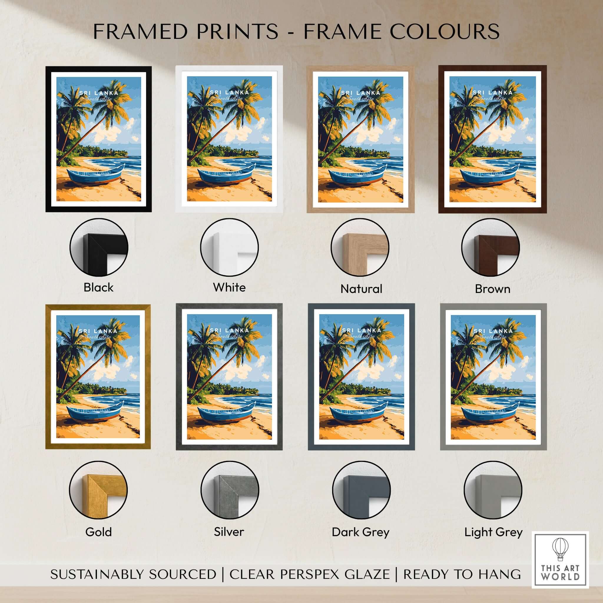 Framed prints of Sri Lanka Beach Scene Art - Tropical Island Print, Palm Tree Wall Decor in various frame colors.