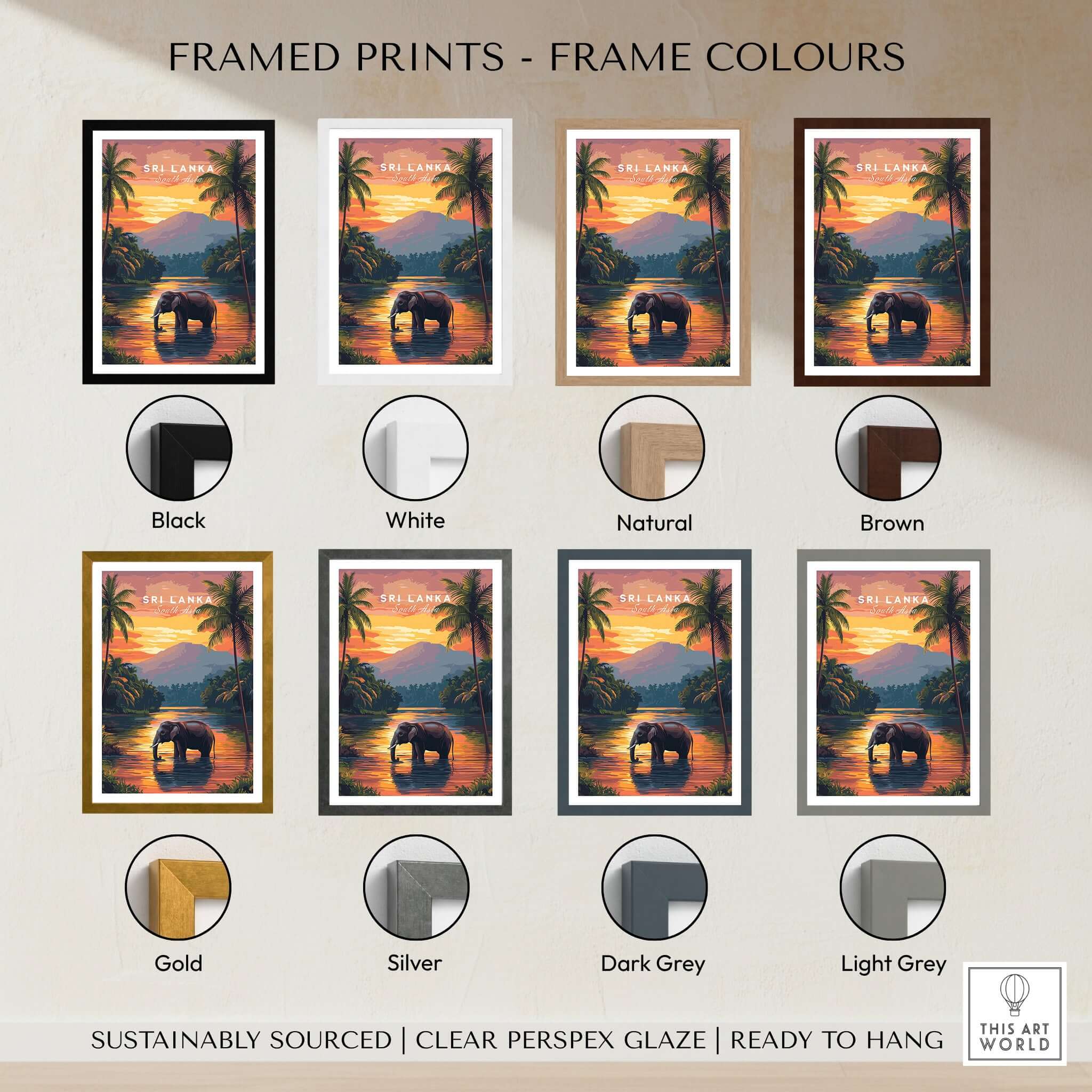 Sri Lanka Wildlife Art - Elephant Sunset Poster in various frame colors for South Asia Decor