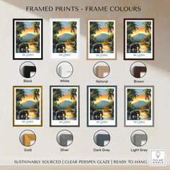 Framed prints colour options for Sri Lanka Travel Art Print - Elephant Swimming Wall Art, Tropical Adventure Scene.