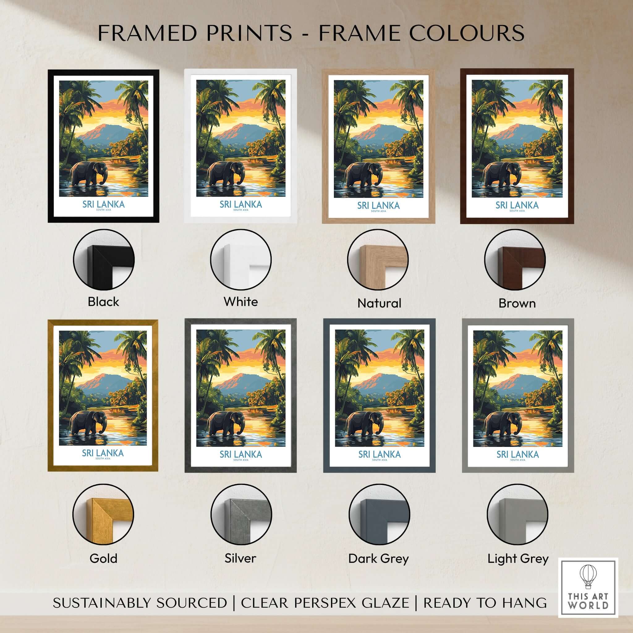 Framed prints colour options for Sri Lanka Travel Art Print - Elephant Swimming Wall Art, Tropical Adventure Scene.