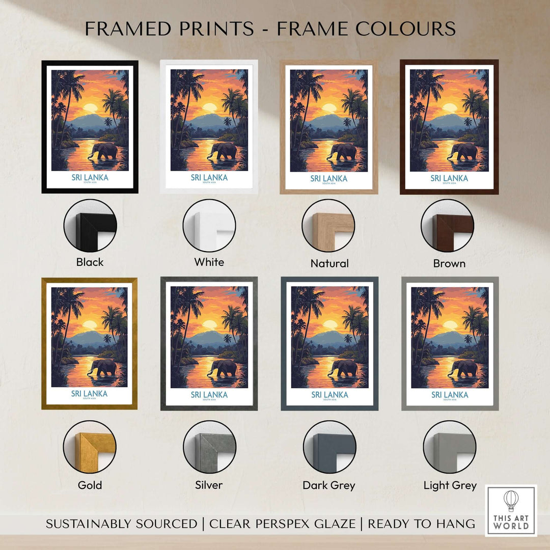 Framed variations of Sri Lanka Poster with Elephant in tropical setting at Sunset - Travel Print showcasing different frame colors.