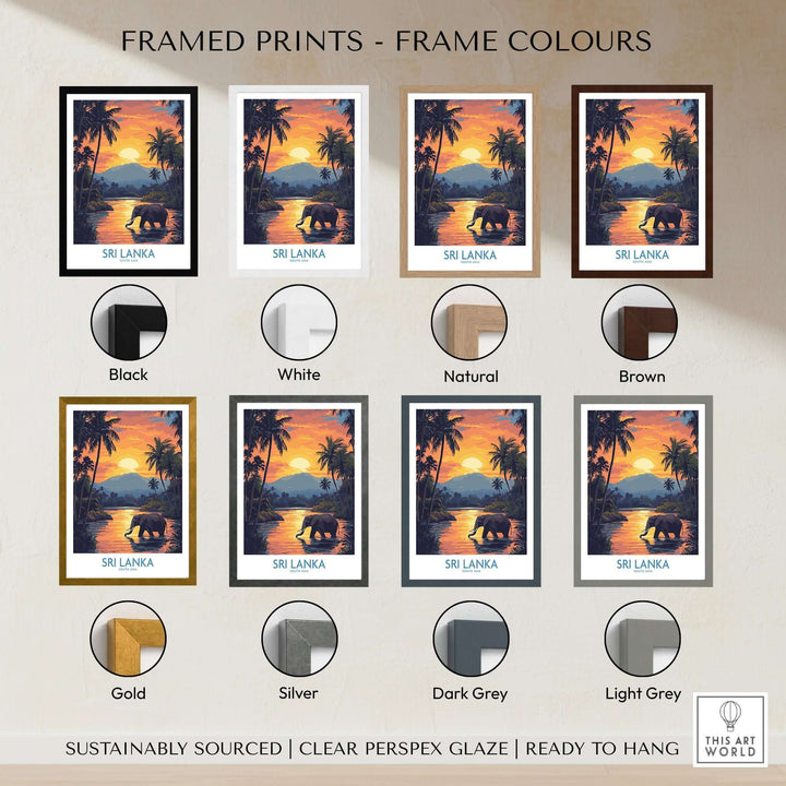 Framed variations of Sri Lanka Poster with Elephant in tropical setting at Sunset - Travel Print showcasing different frame colors.