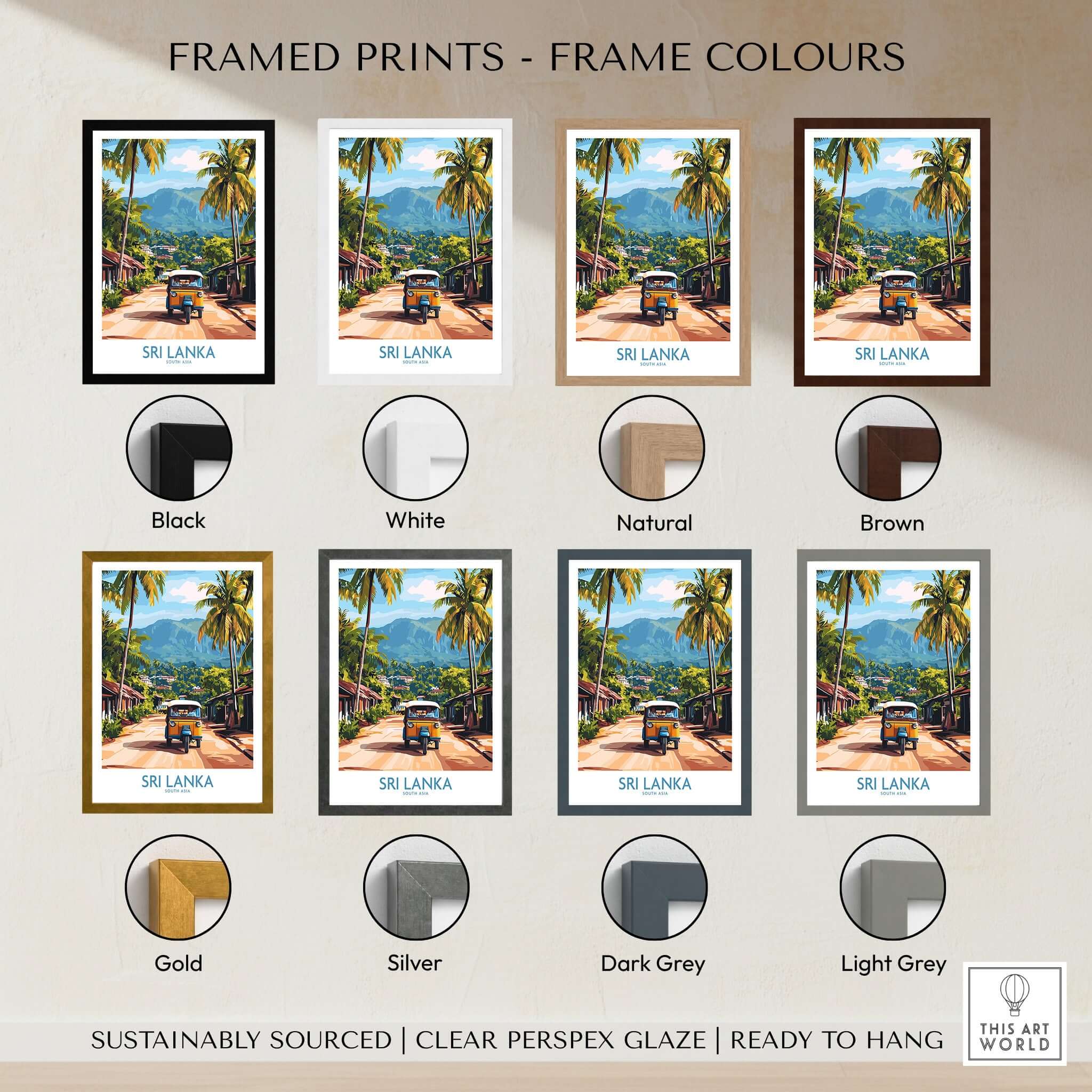 Sri Lanka Wall Art featuring a Tuk-Tuk displayed with various frame colors including black, white, brown, and gold.