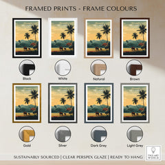 Framed prints of Sri Lanka Wall Art Print | Sunset Elephant Landscape Travel Poster in various colors.
