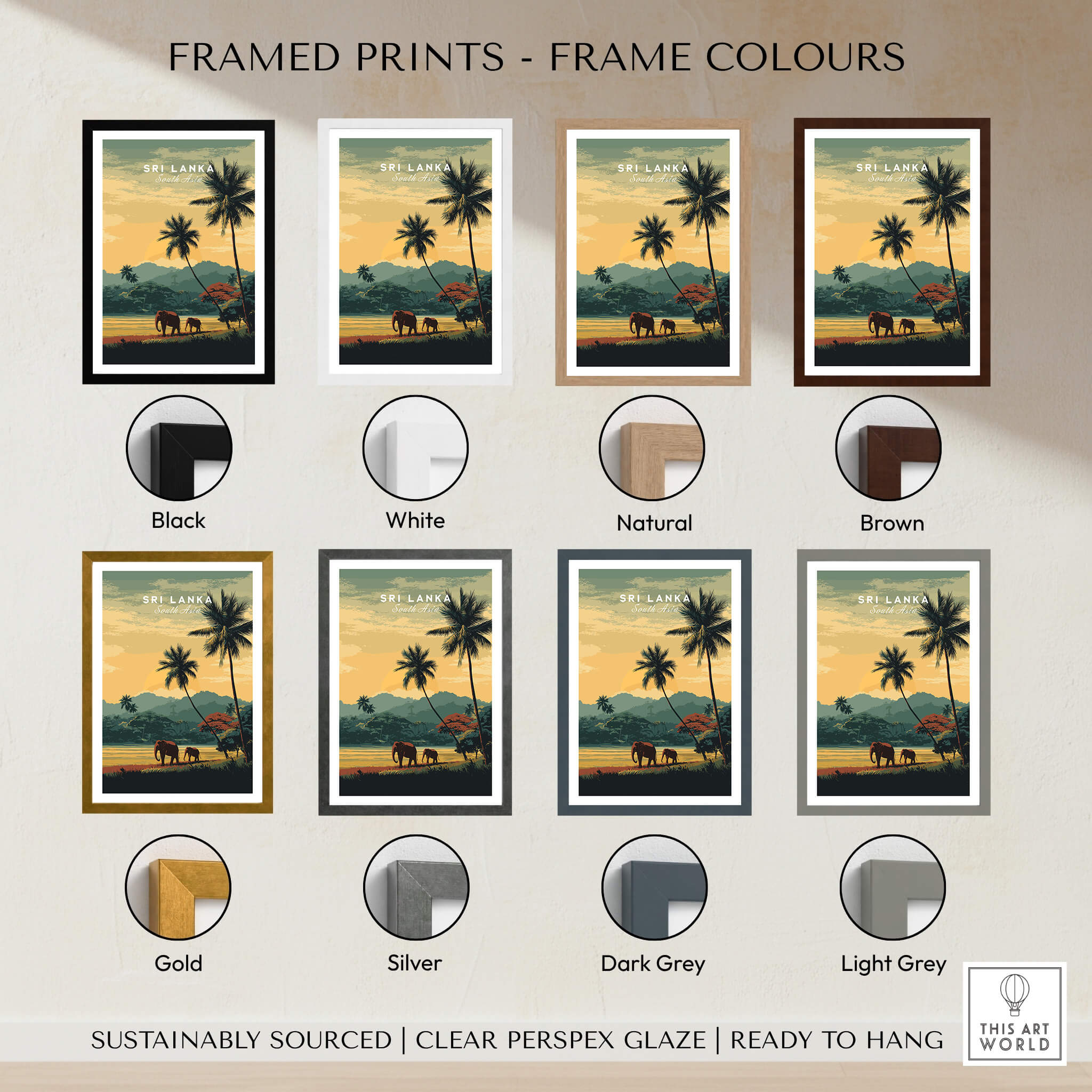 Framed prints of Sri Lanka Wall Art Print | Sunset Elephant Landscape Travel Poster in various colors.