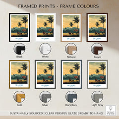 Sri Lanka Poster | Tropical Palm Tree & Elephant Canvas Print with various frame color options.