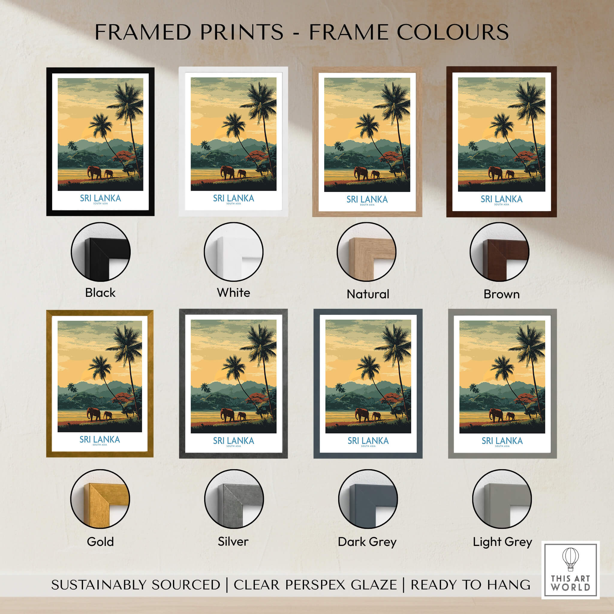 Sri Lanka Poster | Tropical Palm Tree & Elephant Canvas Print with various frame color options.