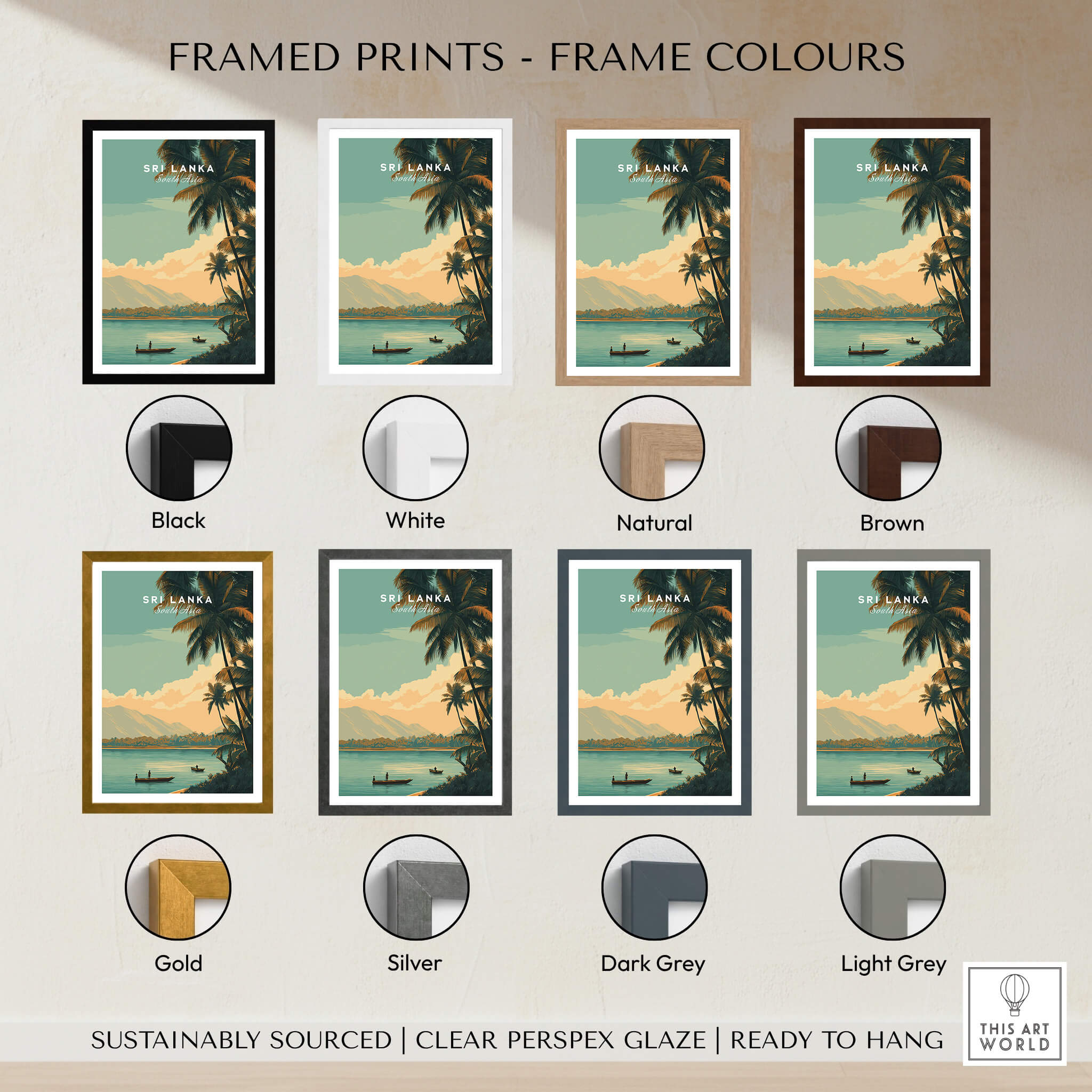 Sri Lanka Travel Poster | Sunset Wall Art Print framed in various colors including black, white, natural, and brown.